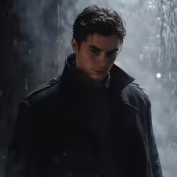 man with umbrella in the dark, with rain drops coming down