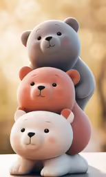 three colorful bear figurines are hugging on one another