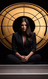 an african american woman in a black suit is sitting on the ground