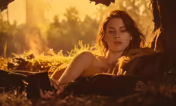 a woman laying on top of a ground next to trees