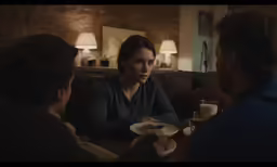 a woman is sitting at a table in front of two other women