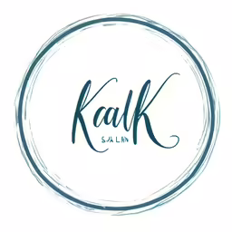 a white and blue circular logo with the word kalk on it