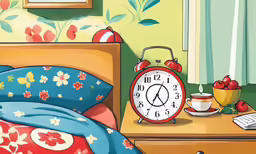 a bed, lamp and table with an alarm clock in a bedroom