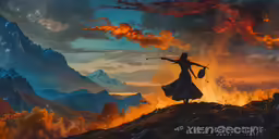 a character in a fantasy movie stands on a mountaintop