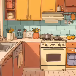this kitchen has many colorful cabinets and white appliances