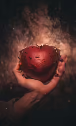 the hand holds a small object up to a heart