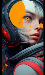 a girl with orange eyes is looking directly into the distance