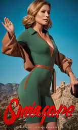 a woman wearing an olive dress is holding her hand out to the side