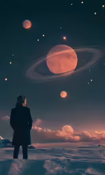 a person standing in front of a solar system
