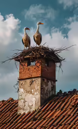two pelicans are sitting on the roof of the house