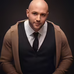a bald headed man wearing a vest and tie