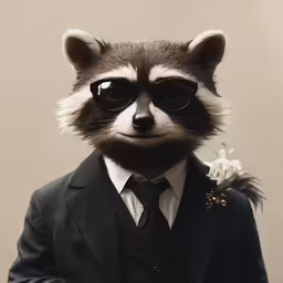 a raccoon in suit and tie wearing sunglasses