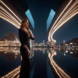 a woman is standing in front of a lake at night