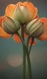 three flowers are shown in front of a blue sky