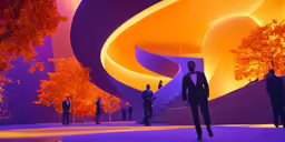 a computer generated photo of a man walking in front of a very colorfully lit room