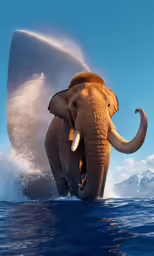 an elephant standing on top of a blue ocean next to a tall rock