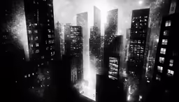 skyscrapers and fireworks are seen in the sky
