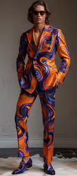 the man wears an orange and blue suit,the man in the orange jacket is standing