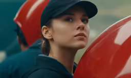 a woman that is standing under some baseball hats