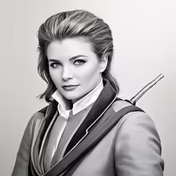 a woman with a jacket and tie, with a knife on her shoulder