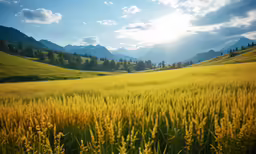an open field with trees and mountains in the distance