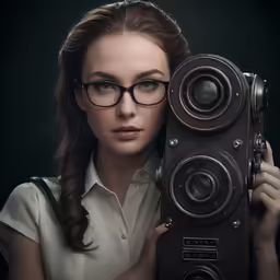woman with glasses holding large old fashioned camera
