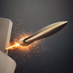 a missile with yellow liquid flying towards it