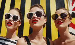 three models wearing sunglasses in front of an art piece