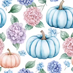 flowers and blue and purple pumpkins on white