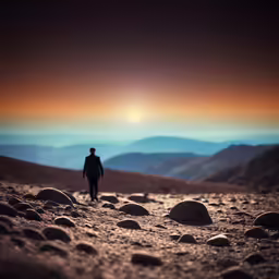 a person standing in a desert area while the sun goes down