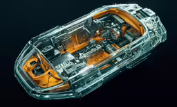 the inside view of a vehicle on a black surface