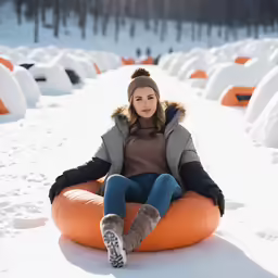 a woman sitting on an orange tube in the snow