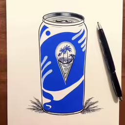 the bottle is painted on a card with a ballpoint pen next to it