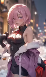 the young woman is wearing pink hair