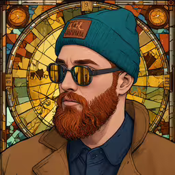 a man with a beard and a blue hat,a digital painting of a man wearing a hat and glasses