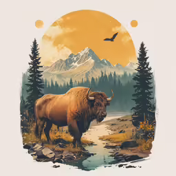 the bison is standing on the rocky bank in front of the mountains