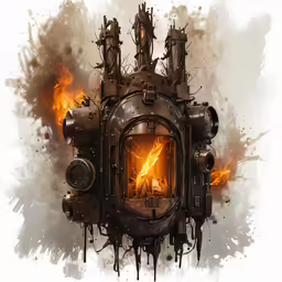 a fire place in the middle of a wall is made out of multiple pipes and some orange flames