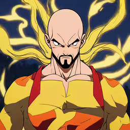 the character from dragon ball is looking menacing,the villain in street fighter on a blue background