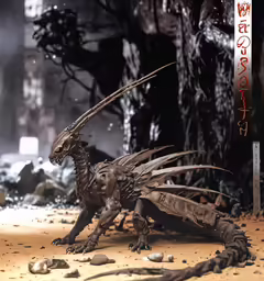 the statue is made of wood and has large wings