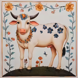 there is a picture of a cow with a floral crown on its head