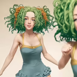 the computer generated rendering of a woman with bright green hair