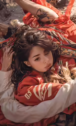 an adorable young woman laying in the sand with her hands up