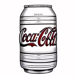 a drawing of a coca cola can,a coca cola can that is very big and shiny,the large can is drawn and looks great,a beer bottle with the words coca cola on it,the coca cola can is drawing with pen and ink