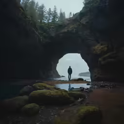 man standing in a cave near the ocean