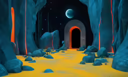 a large cave with an entrance next to lava rocks and a giant moon
