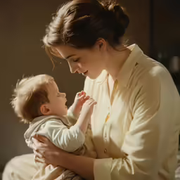 a woman holding a child while sitting down