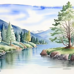 a painting of a lake surrounded by mountains,watercolor painting of the countryside with green mountains and trees,an image of a painting of the mountains by water,a painting of trees next to the water,a drawing of a beautiful scenery featuring a lake