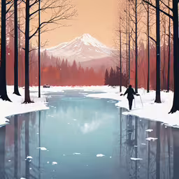 a man with a stick walking through snow covered woods,an art painting with water and trees in it