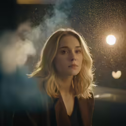 the woman with blonde hair looks at the camera