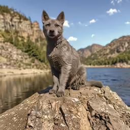 a gray wolf cub sitting on a rock near water
